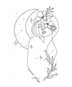 a drawing of a girl with flowers on her head and the moon above her head