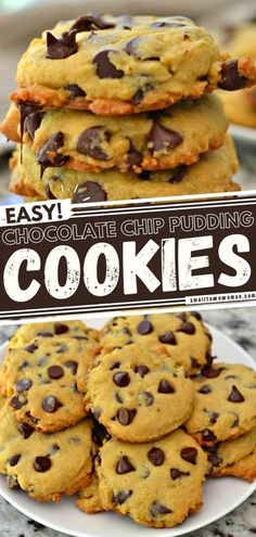 chocolate chip pudding cookies stacked on top of each other