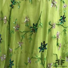 Floral Embroidered Sequin/Beaded Silk Chiffon - Green Luxury Pista Green Embroidered Dola Silk Fabric, Luxury Festive Embroidered Shantoon Fabric, Green Georgette Dresses With Floral Embroidery, Spring Sequin Georgette Dress, Bohemian Embellished Georgette Dresses, Spring Green Georgette Dress, Summer Bollywood Organza Dress, Summer Bollywood Style Organza Dress, Green Georgette Dresses For Spring