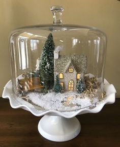 a snow covered cake plate with a house under a glass dome