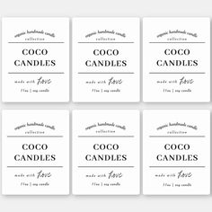 six different labels with the words coco candles and one is for each type of candle