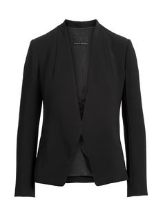 This sleek blazer combines clean lines and a collarless construction with a supremely soft fabric to create the ultimate wardrobe wonder.  Style yours with high-rise jeans and flatforms for day, or dress it up with a pleated midi dress and heels for Sleek Formal Blazer With Concealed Front Fastening, Chic Structured Blazer With Pressed Crease, Modern Evening Blazer, Chic Structured Blazer With Concealed Front Fastening, Sleek Structured Spring Blazer, Chic Evening Outerwear With Pressed Crease, Sleek Structured Blazer For Business Casual, Chic Blazer With Concealed Front Fastening For Business, Elegant Spring Blazer With Pressed Crease