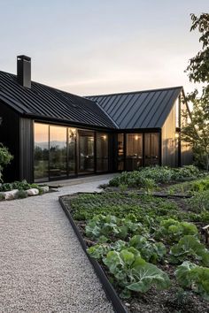 a black house with lots of green plants in the front yard and walkway leading up to it