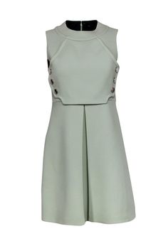 Current Boutique-Gucci - Pistachio Green Button Front Flared Dress Sz 4 Spring Party Dresses With Button Back, Gucci Knee-length Cocktail Dress, Gucci Formal Summer Dresses, Sleeveless Gucci Cocktail Dress, Chic Sleeveless Gucci Dress, Gucci Summer Party Dress, Fitted Sleeveless Gucci Mini Dress, Chic Gucci Sleeveless Dress, Spring Fitted Dress With Button Back