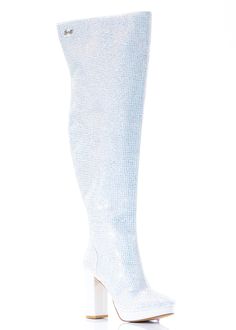 Looking for the ultimate pair of footwear to complete your outfit this season? This white rhinestone thigh high boot is a great choice for style and comfort. Made from a luxurious faux-suede material for a stylish look that will last. Adds a touch of glamour to any outfit. A classic piece that's versatile enough to g Glamorous Knee-high Boots For Winter Night Out, Glamorous Knee-high Boots For Night Out In Winter, Elegant Rhinestone Knee-high Boots For Party, Elegant Embellished Knee-high Boots, Glamorous High Heel Knee-high Winter Boots, Glamorous High Heel Knee-high Boots For Winter, Glamorous High Heel Knee-high Boots For Night Out, Elegant Rhinestone Knee-high Boots, Glamorous Embellished Heeled Boots For Winter