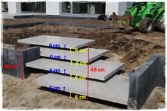 three concrete steps are shown in front of a construction site with the measurements for each step