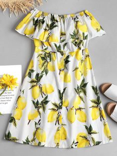 Lemon Ruffle Off The Shoulder Midi Dress Off The Shoulder Midi Dress, Summer Dresses Online, Mode Boho, Summer Dress Outfits, White Dress Summer, Summer Fashion Outfits, White Midi Dress, Mini Dresses