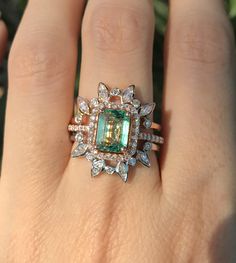 1.35ct Genuine Emerald Halo Engagement Ring Set 14k Large | Etsy Emerald Wedding Sets Rings, Vintage Bridal Set, Engagement Rings With Gemstones, Emerald Cut Rose Gold Jewelry With Halo Design, Emerald Cut Rose Gold Halo Jewelry, Emerald Cut Cubic Zirconia Halo Jewelry, Gia Certified Square Cut Emerald Wedding Ring, Rectangular Emerald Ring With Center Stone For Wedding, Rose Gold Emerald-cut Jewelry With Halo Setting