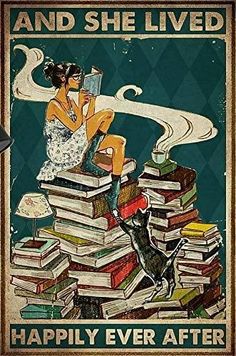 a woman sitting on top of a pile of books next to a black and white cat