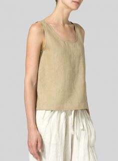 Linen Pocket Tank Top Tank Top For Layering In Fall, Fall Layering Tank Top, Casual Everyday Linen Vest, Neutral Crew Neck Top For Layering, Basic Spring Vest With Scoop Neck, Basic Scoop Neck Vest For Spring, Casual Beige Vest Top, Solid Spring Vest For Layering, Solid Color Vest For Spring Layering