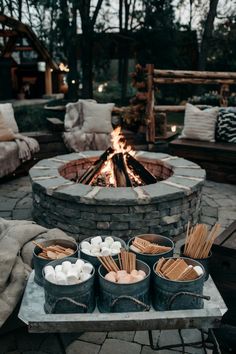 an outdoor fire pit with marshmallows and pretzels