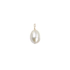 a single white pearl is hanging from a gold plated chain on a white background