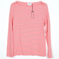 New With Tags $58 Vineyard Vines Womens Size Small Boatneck Blouse Long Sleeves Manufacturer's Color: Blush (Red White) **New With Defects- Two Tiny Small Holes Created By A Tag On The Left Sleeve Cuff. See Pictures. Other Than That, No Other Flaws.** Stretchy 50% Pima Cotton, 50% Modal Embroidered Whale *All Measurements Are Approx. Estimates And Not Meant For An Exact Fit Shoulder To Shoulder: 15" Pit To Pit: 18.5" Length: 21" Sleeve Length: 24.5" White Nautical Tops For Spring, Nautical Style Long Sleeve Summer Tops, Nautical Long Sleeve Tops For Summer, Boatneck Blouse, Nautical Colors, Color Blush, Long Blouse, Pima Cotton, Vineyard Vines