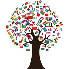 a tree filled with lots of flags on top of a white background in the shape of a world map