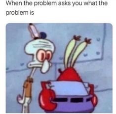 an image of a cartoon character with the caption saying, when the problem asks you what the problem is