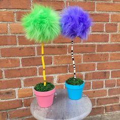 two potted plants with fake pom poms on them