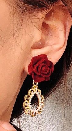 Romantic Princess style Beauty and Beast red velvet rose earrings, with teardrop shaped gold and pearl lace dangle earrings, super delicate and exquisite. Stunning handcrafted red velvet flower gives you vintage Gatsby vibes, while the lace dangle looks luxurious. We choose the best quality flocking velvet to create the beautiful rose flower, they looks like real rose in picture or in person! These earrings are the perfect accessory to add a touch of elegance and enchantment to any outfit. Each Rose-colored Flower Jewelry For Party, Rose Flower Jewelry For Party, Rose Gold Flower Earrings For Valentine's Day, Rose Red Flower Drop Earrings, Party Jewelry With Rose Design In Rose Red, Rose Red Jewelry With Rose Design For Party, Rose Jewelry For Valentine's Day Party, Valentine's Day Rose-colored Party Jewelry, Valentine's Day Rose Design Party Jewelry