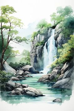 a painting of a waterfall in the woods