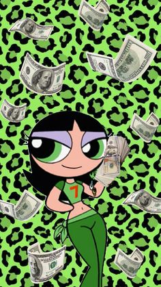 the powerpuff girl with money flying around her head and green leopard print background