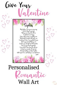 This pin is of a Valentines Day poem written by Becky from Khaim Designs. It is a digital download printable file and you can give it as wall art or a Valentines card. It has 2 pretty watercolour floral bouquets in pink on either end of the print. You can personalise this by adding your Valentine's name to the poem. Watercolour Flowers