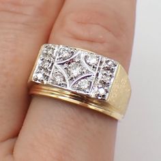 Vintage 14k (.585) yellow gold wide man's ring with rectangular form white gold front, encrusted with Diamonds. The 6 diamonds are 0.09tcw, 4 diamonds are approx. 0.24tcw, 1 diamond is approx. 0.1 ct. Total carat weight is approx. 0.43tcw, SI clarity, color I-J. This magnificent ring is a size 9, it is 11.6 mm at the widest, weighing 7.6 grams. EA5013 Gold Fronts, Men Diamond Ring, Rings Statement, San Jose, Favorite Jewelry, Statement Rings, Diamond Ring, Jewelry Rings, Rings For Men