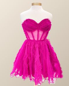 The Sweetheart Fuchsia Ruffles Corset A-line Dress features a dramatic A-line silhouette, a tulle material, a sweetheart neck, a corset bodice, and a mini length all in a striking fuchsia hue. A-line Corset Dress With Ruffles For Wedding, Flirty Tulle Mini Dress With Sweetheart Neckline, Pink A-line Strapless Dress For Prom, Tulle Mini Dress With Corset Back And Sweetheart Neckline, Pink Corset Dress For Prom With Lined Bodice, Pink Corset Dress With Lined Bodice For Prom, Pink Corset Dress With Fitted Bodice For Homecoming, Pink Fitted Bodice Corset Dress For Homecoming, Pink Strapless Cocktail Dress With Ruched Bodice