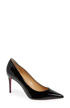 In delectably glossy patent leather and a strong, timeless profile, this self-assured pump looks endlessly polished. A sleek pointy toe and superfine stiletto heel help elongate the leg, while Christian Louboutin's iconic red sole ensures each confident step is noticed. 3 1/4" (85mm) heel (size 38.5) Wipe with a soft, dry cloth and store in a dust bag Please note the red lacquer on soles will wear off as a result of normal use. To minimize the effect, avoid wearing in wet weather or on abrasive Louboutin Kate, Christian Louboutin Kate, Red Lacquer, Red Sole, Wet Weather, Patent Leather Pumps, Footwear Design Women, Stiletto Heel, Women's Pumps