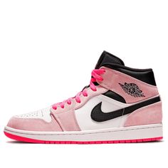 Jordan 1 Pink, Pink Basketball Shoes, Jordan 1 Outfit Women, Pink Jordans, Air Jordan 1 Mid Se, Nike Air Jordan 1 Mid, Pink Nikes, Nike Air Jordan 1, Air Jordan 1 Mid