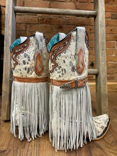 Corral Women's Fringed White Hair-On Hide Cowgirl Boots C4081 Western Boots With Tassels And Round Toe, White Country Boots For Ranch, White Country Style Boots For Ranch, Leather Fringe Boots For Rodeo, White Western Boots For Country Events, Western Festival Boots With Tassels, Western Boots With Tassels For Festival, Vamp Hair, Cute Harness