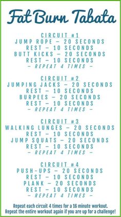 This workout is a Tabata style work and is 16-minutes long (as listed) but can be repeated twice for a 32-minute workout. There are four circuits that you will repeat four times, working for 20 Workout Tabata, Workout Morning, Workout Fat Burning, Tabata Workout, Tabata Workouts, Fitness Exercises, Cardio Training, Trening Abs, Workout Fitness