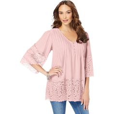 A feminine top full of delight with pearlized buttons, pleated front and back yokes and three-quarter sleeves. The soft jersey fabric flows beautifully and the delicate details like the lace-trimmed sleeves and hem add just the right amount of romance. Blush Outfit, Plus Size Summer Tops, Chambray Tunic, Feminine Top, Lace Tunic, Pleated Blouse, Swimsuits For All, Lace Hem, Delicate Details