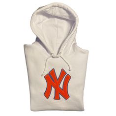 All white hoodie , custom stitched NY orange chenille patch on middle of sweater. Can be made to order in different team colors & hoodie upon request White Logo Patch Sweatshirt For Streetwear, White Logo Patch Sweatshirt, White Long Sleeve Sweatshirt With Logo Patch, White Cotton Sweatshirt With Logo Patch, Sporty Hoodie Sweatshirt With Logo Patch, White Varsity Hoodie For College, White Cotton Hoodie With Embroidered Logo, White Streetwear Team Spirit Sweatshirt, White Team Spirit Streetwear Sweatshirt