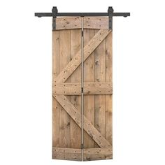 an open wooden door with metal bars on the top and bottom, against a white background