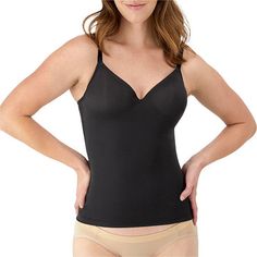 ALL-DAY, EVERYDAY SHAPEWEAR. Sexy enough for a special occasion but comfy enough for every day. The Maidenform Firm Control Tummy Shaping Wireless Foam Cami shapes you in the style and comfort you deserve. Crafted from a lightweight, luxuriously soft, and supportive fabric, this firm control cami shapewear smooths the midsection with help from a mesh tummy panel. Foam cups provide wireless comfort, while the moisture-wicking fabric helps you stay cool and comfortable no matter how long your day Shaping Tops With Built-in Bra, Fitted Tank Strap Shapewear Tops, Shapewear Tops With Built-in Bra, Fitted Shapewear Tops With Tank Straps, Black Shapewear Camisole With Spaghetti Straps, Sleeveless Shapewear With Straps, Black Bra Friendly Full Coverage Tops, Black Sleeveless Tank Top With Removable Bra Pads, Black Full Coverage Shapewear Top