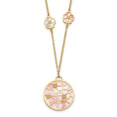 Add a touch of elegance to your outfit with our 14k yellow gold pink white mother of pearl flower necklace. This 16 inch .75 chain necklace is perfect for her or for baby children. The stunning pink mother of pearl flower pendant is a beautiful addition to any jewelry collection. This themed necklace is perfect for those who love flowers and gardening. Made with natural stone and shell, this necklace is a unique piece that will stand out. Don't miss out on this exquisite wood necklace that is sure to turn heads. Shop now for the perfect accessory for any occasion. Pearl Flower Necklace, Womens Ankle Bracelets, Signet Rings Women, Cross Necklace Women, Womens Cuff Bracelets, Womens Rings Fashion, Womens Earrings Studs, Gold Bracelet For Women, Wood Necklace