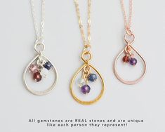 This sterling silver mother's birthstone necklace celebrates your loved ones and keeps them close to your heart, even if they're far away. An organic sterling silver ring is wrapped with your choice of birthstones making a beautiful, simple, personalized necklace. Each birthstone is a real stone, making it unique, just like each member of your family. ..........PRODUCT DETAILS• All components are sterling silver, 14k gold-fill or 14k rose gold-fill• Circle measures 20mm by 15mm - 13/16" by 9/16" Sister Necklaces For 2, Grandma Necklace Birthstone, Birthstone Necklace Mothers, Mom Necklace Personalized, Family Birthstone Necklace, Grandmother Jewelry, Mommy Necklace, Family Jewelry, Personalised Gifts For Friends