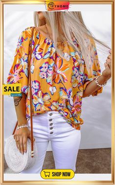 Yellow Floral Print Elastic Neckline Blouse Yellow Floral, Floral Print, On Sale, Top Blouse, Floral Prints, Elastic, Yellow, Free Shipping, Floral