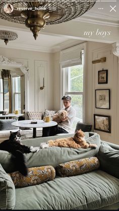 a man sitting on top of a couch next to two cats