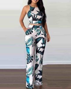 Printing Sexy Sling Vest Two-Piece Set sold by shiook on Storenvy Tropical Print Top, Summer Prints Fashion, Pant Suits For Women, Elegant Style Women, Floral Print Crop Top, Crop Top Long, High Waist Wide Leg Pants, Pantsuits For Women, Color Flower