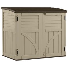 an outdoor storage shed with the door open and shutters closed to reveal a brown roof