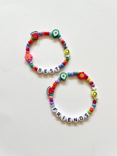 "For Lyfe Bracelet️ Each one of these trendy bracelets is crafted and handmade by me with love️. Bracelets will be very similar to those in the pictures and the rainbow color theme will be the same. This bracelet features the phrase \"BEST\" and \"FRIENDS\" which makes it the perfect gift to give to you and your best friend to celebrate your friendship in style. You can also customize these bracelets with names, initials, or other short phrases!  Recognizing that you might be selecting a pair of Customized Fun Beaded Bracelets For Birthday, Trendy Letter Beads Jewelry For Friendship, Trendy Festival Bracelets With Letter Beads, Customized Multicolor Jewelry For Friendship, Bohemian Jewelry With Letter Beads For Friendship, Customized Multicolor Friendship Jewelry, Customized Novelty Bracelets For Birthday, Bohemian Style Jewelry With Letter Beads For Friendship, Trendy Beaded Jewelry For Birthday