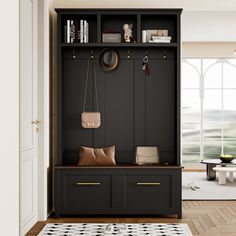 a black and white room with a bench, bookshelf and other items on the wall