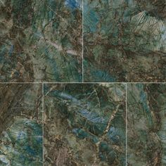 four pictures of green marble with blue and brown streaks on the top, bottom, and bottom