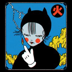 an image of a woman with red eyes and cat ears pointing at her finger in front of a blue background