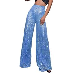 Season:Summer,Spring; Fabric:Polyester; Gender:Women's; Style:Elegant,Fashion,Sparkle; Elasticity:Micro-elastic; Occasion:Club,Going out,Party  Evening,Party,Street; Fit Type:Regular Fit; Function:Comfy; Waistline:High Waist; Pattern:Plain; Design:Sequins; Pants Type:Sparkly Pants,Wide Leg,Pants Trousers; Front page:FF; Listing Date:09/15/2023; Production mode:External procurement; Hips:null; Length:null; Waist:null; Pants Length:Full Length Sparkly Pants, Drape Pants, Sophisticated Fashion, Loose Fitting Pants, Graduation Outfits, Sequin Pants, Womens Wide Leg Pants, Lace Sweater, Designer Drapes