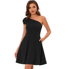 This fit-and-flare dress with pockets, made of soft and breathable fabric, is very comfy to wear. The one-shoulder-with-a-bow design makes this skater dress cute yet lady chic. Cute and gorgeous, it is fitted on top and then flares out beautifully, showing off your legs but not too short. This dress is soft-touching, lightweight, and breathable in solid color. Suitable for many different occasions. Perfect for night-outs, clubs, evening parties, cocktails, proms, weddings, dance parties, and oth Cocktail Dresses Black, Evening Cocktail Dresses, A Line Cocktail Dress, One Shoulder Midi Dress, Cocktail Evening Dresses, Evening Cocktail, Cocktail Party Dress, Knit Midi Dress, Black Cocktail Dress