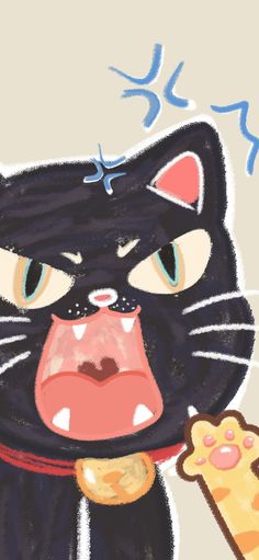 a drawing of a black cat with an ice cream cone in its mouth and tongue sticking out