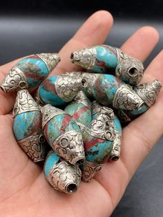 Rare Tibetan Silver With Turquoise Inlayed Coral Beads Long Tube Shape Irregular Size Beads 15 Pieces Beads Beads Weight: 196.2 grams Beads Size : 40-43 MM Lapis Lazuli Beads, Silver Engraving, Coral Beads, Silver Beads, Lapis Lazuli, Thailand, Rings For Men, Coral, Turquoise