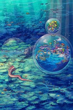 an underwater scene with fish and bubbles floating in the water, including two large balls