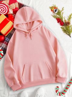 Stay warm and festive this holiday season with our Christmas Printed Fleece Drawstring Hoodie. Made with soft and cozy fleece, this hoodie features a unique festive print and a convenient drawstring hood for added warmth. Perfect for your holiday gatherings or cozy nights at home. Color : Pink Style : Casual Pattern Type : Cartoon Pattern Type : Slogan Details : Drawstring Details : Pocket Type : Pullovers Neckline : Hooded Sleeve Length : Wrist-Length Sleeve Sleeve Type : Drop Shoulder Length : Trendy Winter Sweatshirt With Drawstring Hood, Trendy Hooded Sweatshirt For Winter, Trendy Hooded Winter Sweatshirt, Fleece Hoodie With Drawstring, Winter Cotton Hoodie With Cozy Fit, Winter Drawstring Hoodie For Loungewear, Cozy Winter Hoodie With Drawstring, Cozy Cotton Hoodie For Winter, Winter Loungewear Hoodie With Drawstring